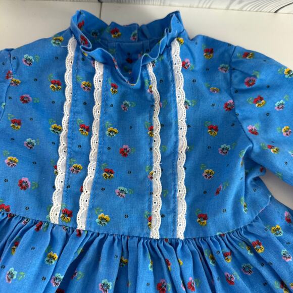 Vintage 80s No Brand Handmade 2T Toddler Girl Blue Dress Lace Church Prairie - Picture 3 of 6